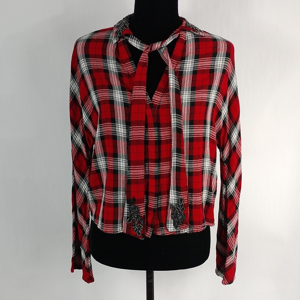 Zara Plaid Button Top With Bead Detailing